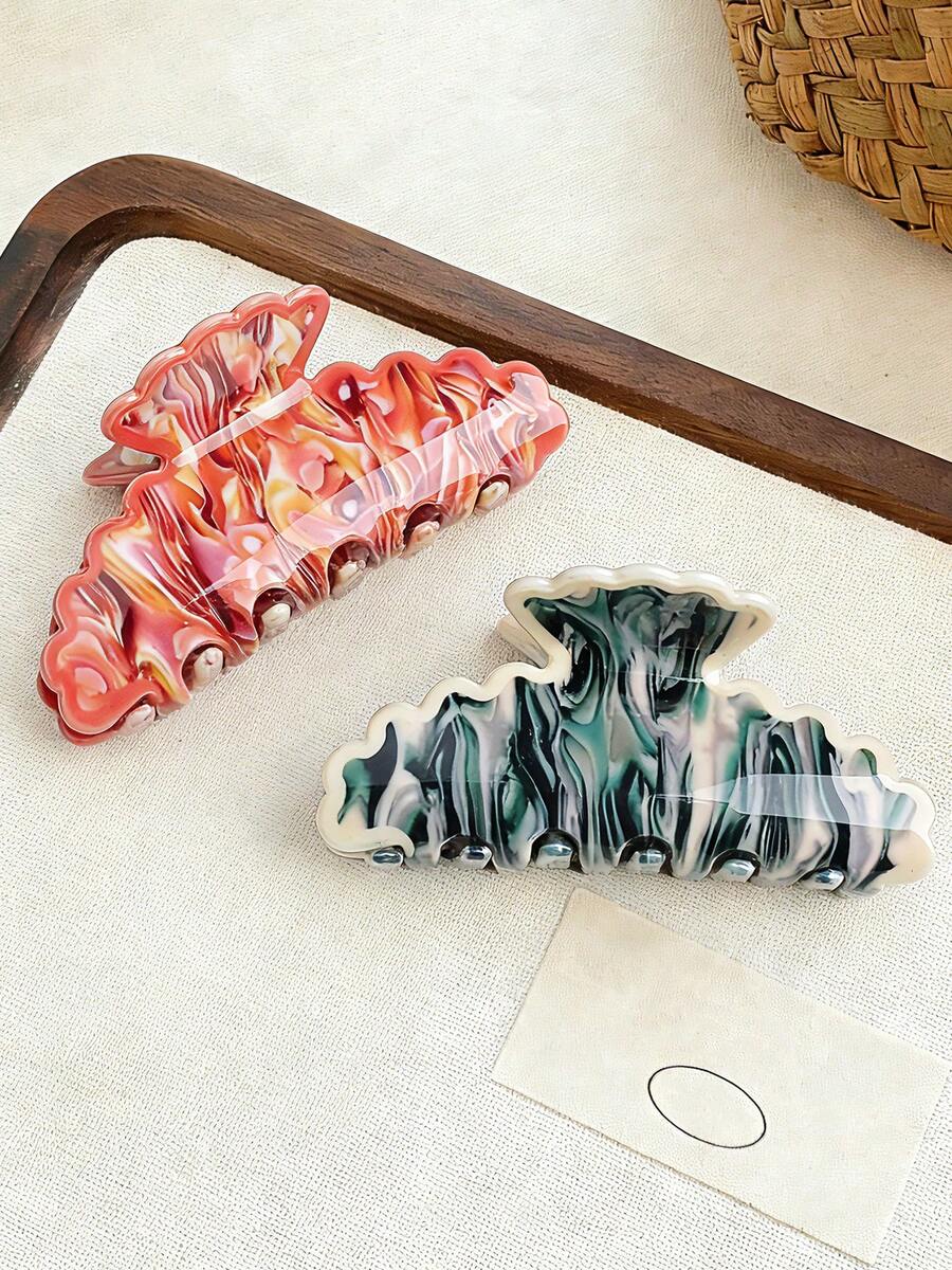 1个复古优雅醋酸纤维波浪花朵发爪夹，扎染斑点纹理图案发爪夹，适合盘发，发爪发饰，夏季海滩度假发夹 - 彩色 - 查看 1