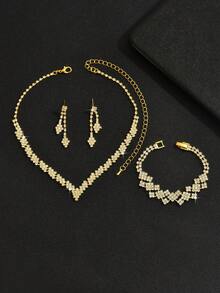 Bộ trang sức cô dâu 4 món, bao gồm vòng cổ, bông tai, vòng tay và phụ kiện tóc phong cách Hàn Quốc cho váy cưới - Vàng - Xem 5
