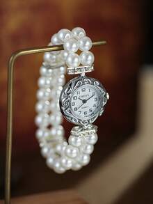 Reloj de cuarzo para mujer con cuentas redondas y diseño de moda, adecuado para combinar a diario como regalo de cumpleaños/graduación, con escala de números arábigos - Blanco - Ver 5