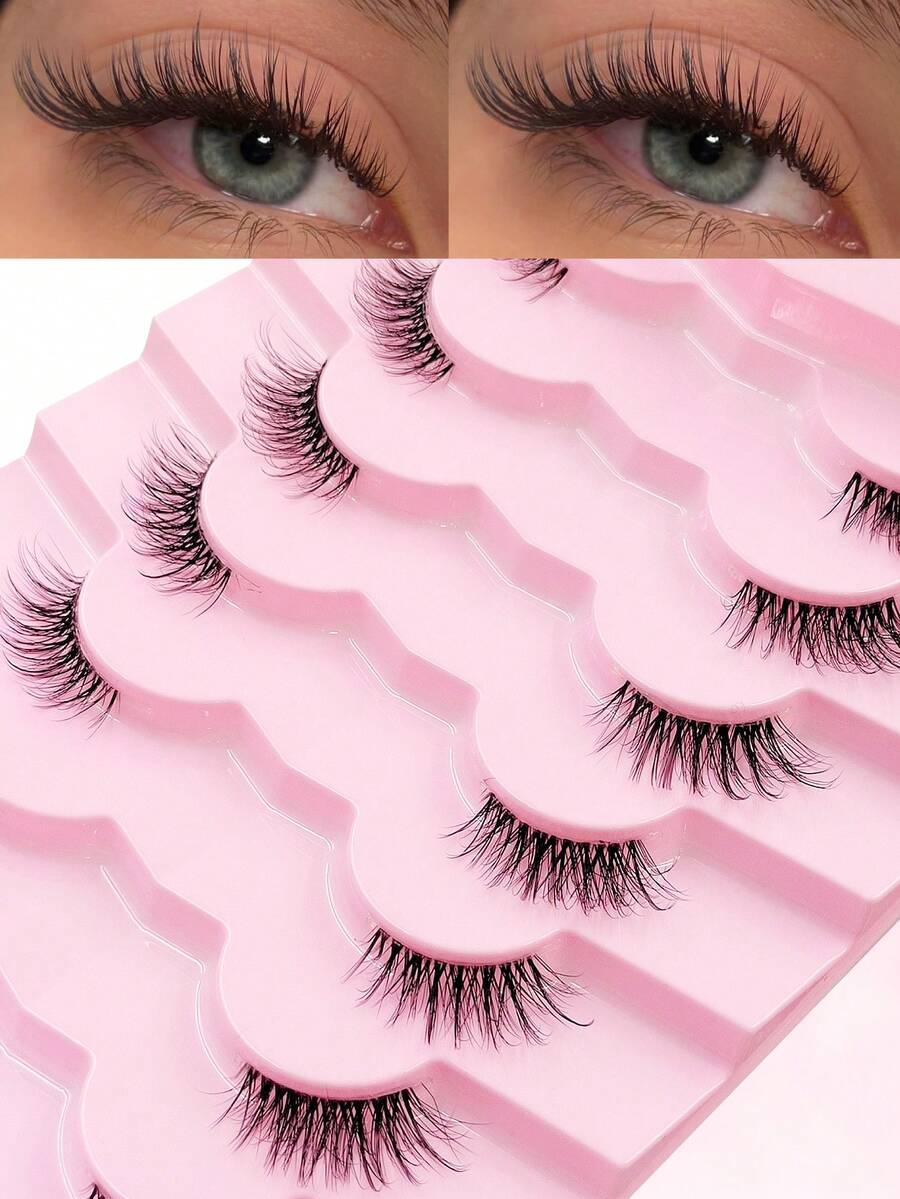 Rikuaild 7/14 Pairs Of Half False Eyelashes,Cat Eye Tail Slender And Natural, Faux Mink Lashes Fluffy And Soft, Creating A Natural Makeup, Suitable For Daily Party Holiday Wedding Travel Vocation Seaside Makeup - Black - View 1