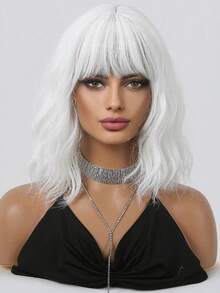 Peluca blanca de fibra sintética resistente al calor con flequillo, de 14 pulgadas y rizada, para mujeres, para uso diario, fiestas, cosplay y festivales de música - Blanco - Ver 2