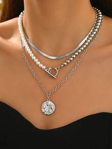 3件套优雅仿珍珠串珠项链套装，时尚金属扁平蛇形链项链搭配简约星月吊坠，适合日常佩戴和节日送礼。 - 多色 - 查看 1