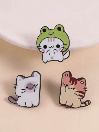 3pcs/Set Soft & Cute Enamel Cat Badges | Healing Cat Lover Adorable Accessories Include Green Frog Head, White Cat Cheek Blush, Purple Face White Cat Wave Hand, And Orange-Brown Tabby Cat Tilt Head Smile Designs | Perfect Accessories For Cat Lovers, Cute Enthusiasts, Healing Collectors, And Soft & Cute Fashion Lovers