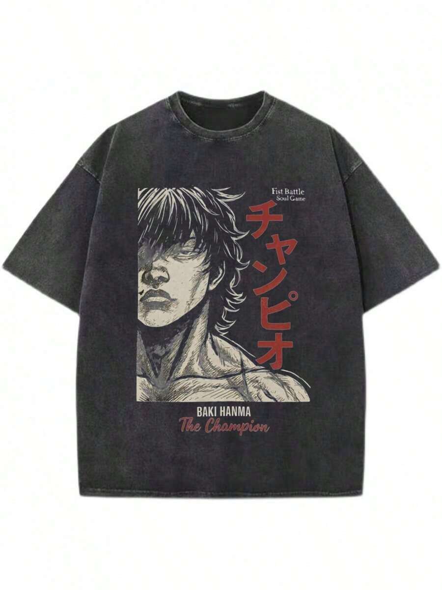 Graphic Cotton-Shirt Washed-Shirt Couple'S-Shirt Baki Hanma Washed-Shirt Summer-Shirt Vintage Loose Cotton Top Birthday Washed-Shirt XS-XXL Six S Available Y2K,Oversize Plus Size Men's S To 3XL,Summer Tee - màu đen - Xem 1