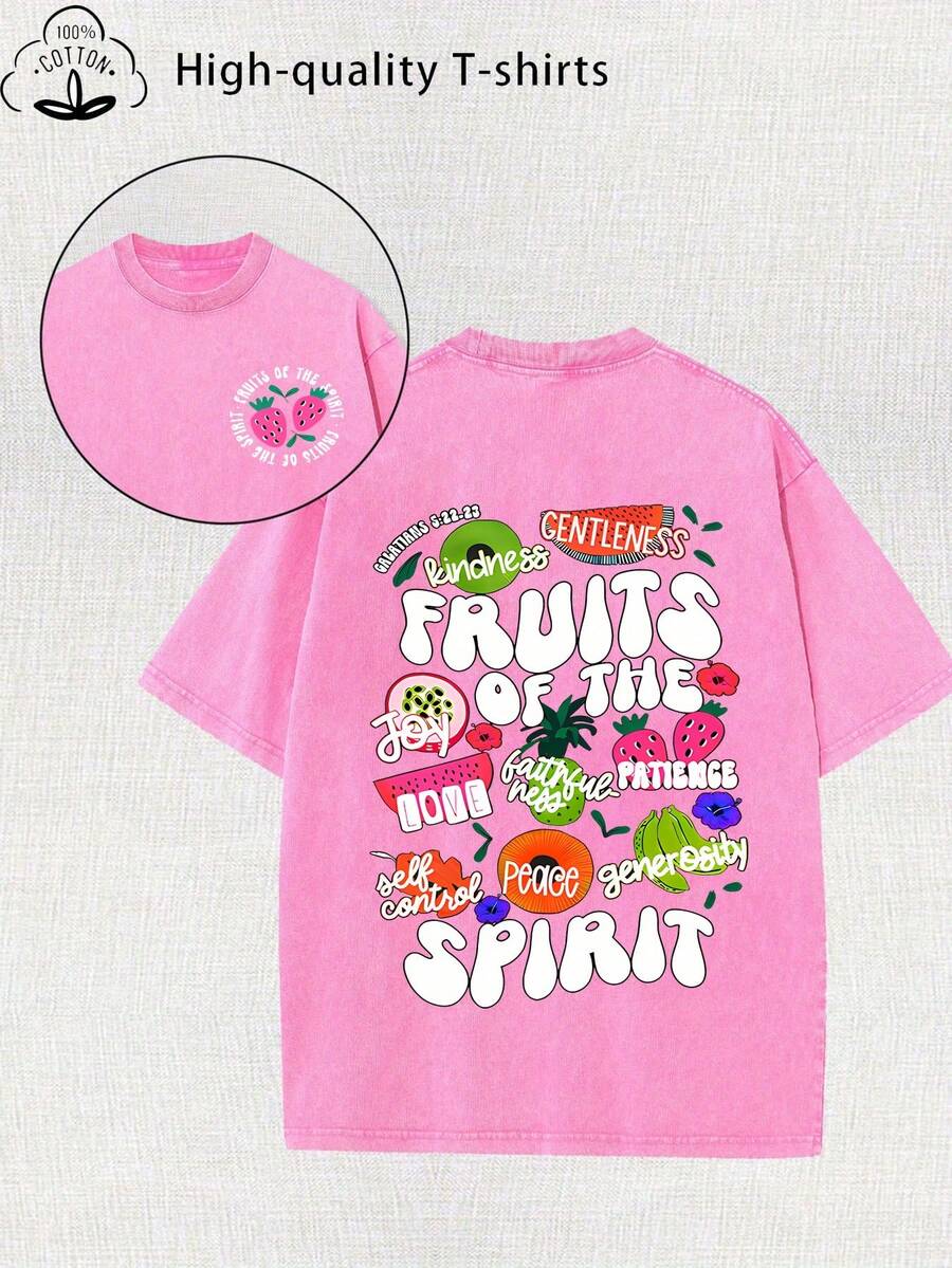 Summer Tops 2026 Women's Patterned Printed Vintage Washed T-Shirt - 230g Thick Cotton, Vintage Street Style Round Neck Short Sleeves, Machine Washabl - 玫紅色 - 查看 1