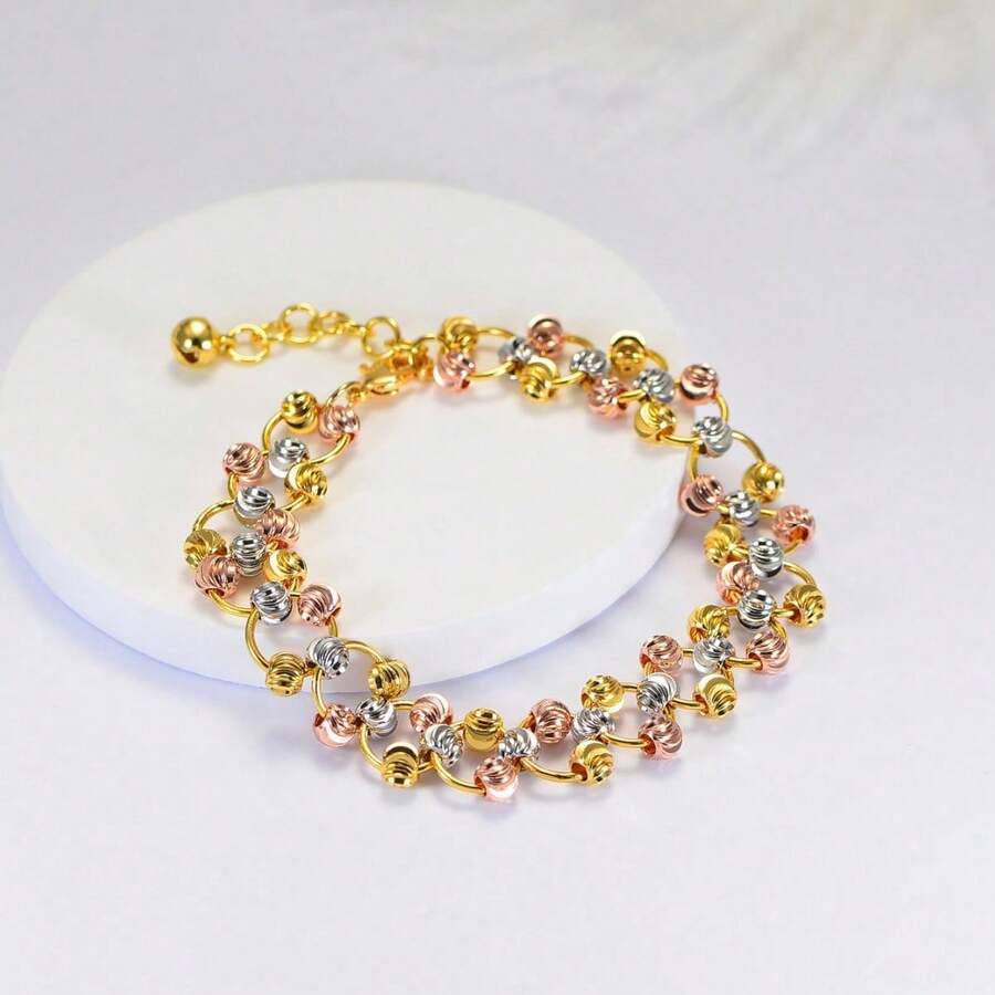 1pc Luxury High-End Unique Women's Hand Jewelry, Gold-Plated New Style Light Luxury Fortune Bead Three-Color Bracelet, Suitable For Daily, Wedding, Dating Wear - Mix - View 1