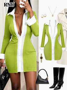 RNU Camisa polo feminina verde e branca com decote em V contrastante, tecido elástico, modelagem slim, ideal para ocasiões casuais, baladas, eventos corporativos, shows, escritório e outras ocasiões. Estilo retrô, tecido canelado liso, alta elasticidade, super macio e confortável, caimento perfeito para a pele. Perfeita para o dia a dia, festas, passeios, viagens e encontros. Nova camisa polo curta de manga comprida para primavera, verão, outono e inverno. - Verde - Ver 4