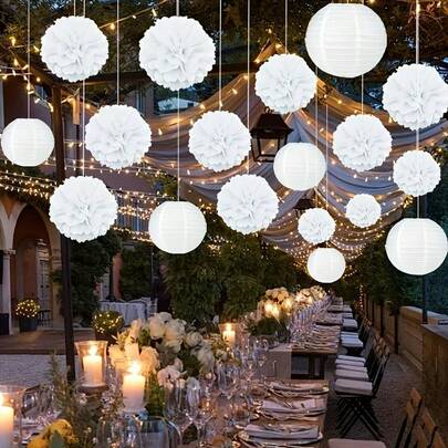 18 piezas Pompones de flores de papel blanco, Linternas de papel, Decoraciones para fiestas, Decoración colgante, Adecuado para bodas, cumpleaños, fiestas de compromiso, bautizos, graduaciones y otras ocasiones, Incluye bolas de flores blancas puras y linternas de papel