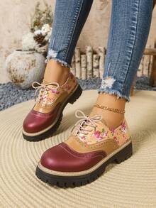 Zapatos Oxford de mujer con suela gruesa y estilo retro floral, zapatos tipo mocasín con cordones y tacón grueso de estilo británico, para uso casual y de negocios - Burdeos - Ver 7