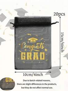 20 pièces/10 pièces/1 pièce Sacs en organza pour remise de diplôme, sacs à cordon de souvenirs de remise de diplôme - Design "Congrats Grad" noir et or, sacs à bijoux et bonbons à cordon avec motif d'étoile et de diplôme, sacs en organza transparents, convient pour les fournitures de fête et la décoration de célébration de remise de diplôme - A - Voir 3