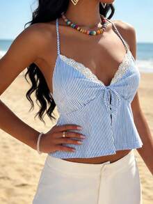 Camiseta de tirantes sin mangas con cuello halter y espalda descubierta, cuello en V y rayas para mujer. - Azul - Ver 3