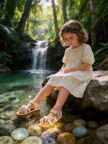 Kids Girls Beige Floral Applique Open Toe Sandals, Braided Strap Ankle Buckle Flat Sandals, Colorful 3D Rose & Lace Decor, Non-Slip Rubber Sole, Comfortable Padded Insole, Breathable Open Toe Design, Sweet Princess Style, Perfect For Beach, Summer, Casual Daily Wear, School, Playdates, Vacation & Party Outfits, Lovely Kids Footwear For Toddlers & Little Girls - Beige - View 6