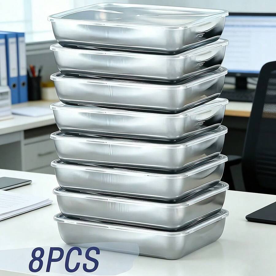 8-Piece Stainless Steel Food Container Set With Stackable, Lidded Design. Microwave, Featuring A Flip-Top Structure And Square Design. Suitable For Various Uses Including Salad Storage, Fruit Keeping, Food Preservation, Kitchen Organization, Refrigerator Freshness Maintenance, And Freezing. Multi-Functional Lunch Box. - 查看 1