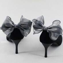 2个极简奢华布艺亮片蝴蝶结可拆卸鞋夹 - 灰色 - 查看 2