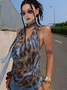 Y2K 动物纹网纱扭结金属环露背短款上衣，适合度假和日常穿着，春夏款 - 摩卡棕 - 查看 1