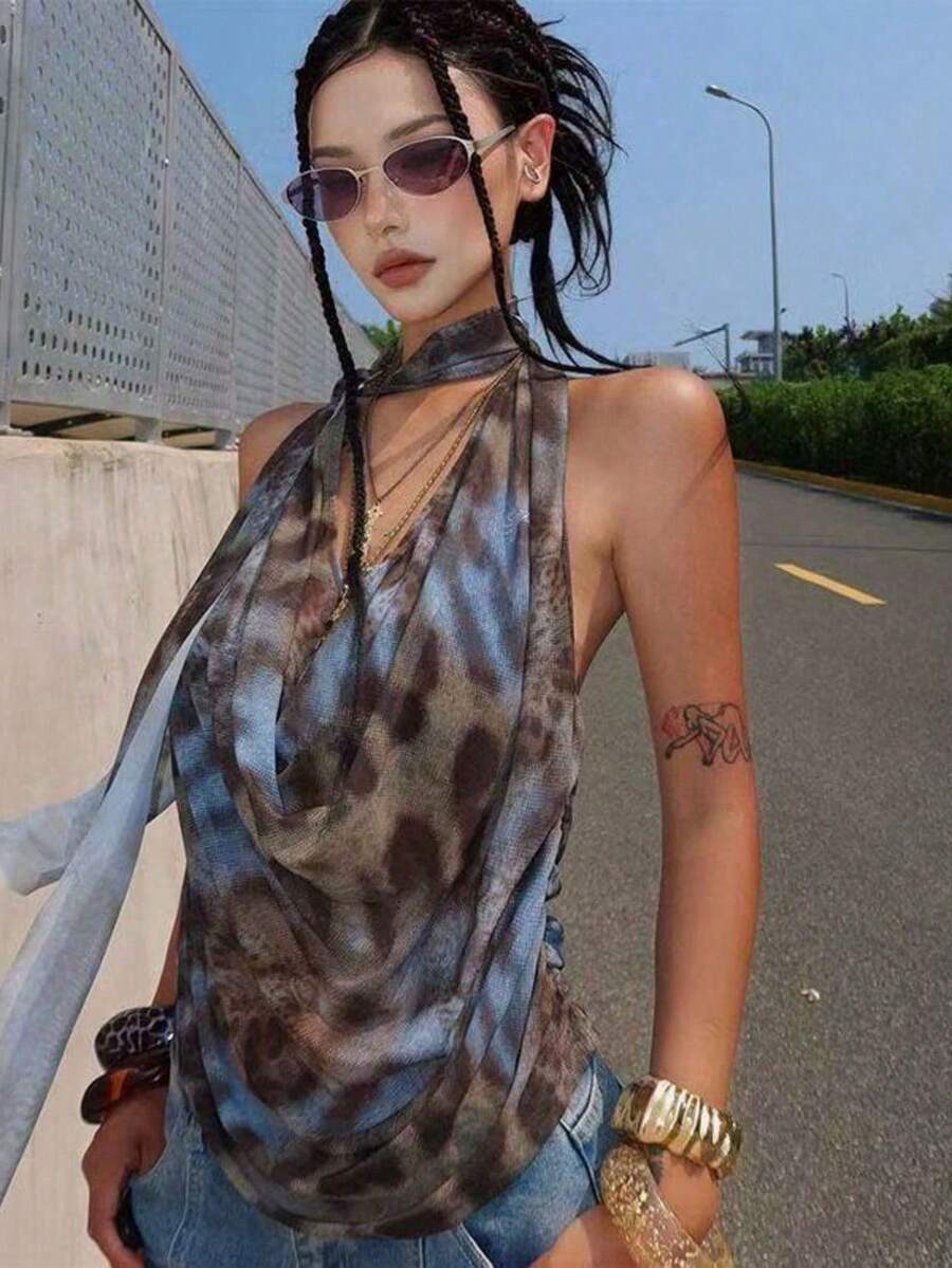 Y2K 动物纹网纱扭结金属环露背短款上衣，适合度假和日常穿着，春夏款 - 摩卡棕 - 查看 1