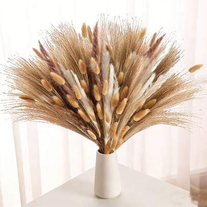 50pcs/Set Dried Flower Bouquet, Pampas Grass, Wheat, Rattan Bohemian Style Decor Flowers, Includes 5 Types Of Dried Plants, Suitable For Bohemian Home Decor And Outdoor Holiday Decoration