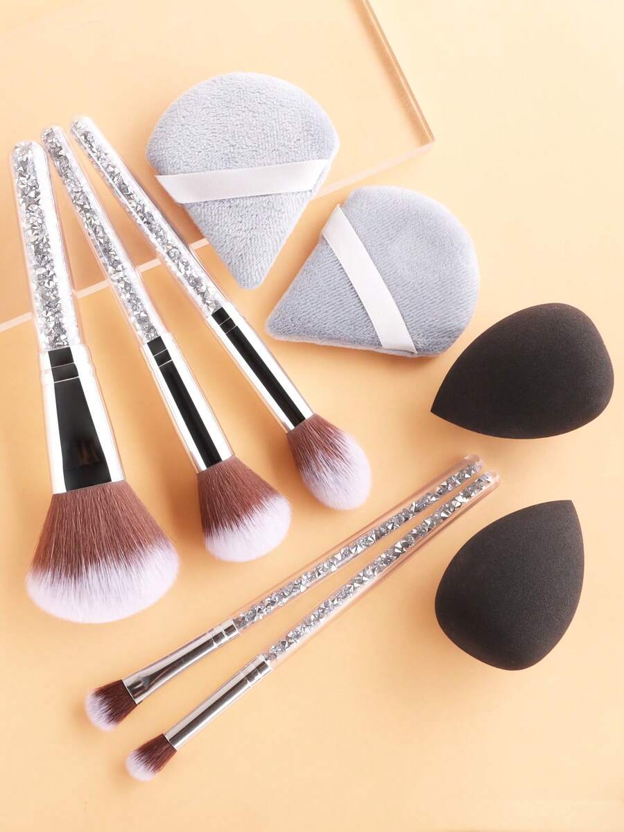 ronshadow 5Pcs Crystal Handle Makeup Brushes + 4Pcs Makeup Sponge & Velvet Puff Set, Premium Soft Synthetic Hair Cosmetic Tools For Foundation, Powder, Eyeshadow - Multicolor - View 1