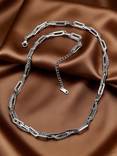MONALLY Chunky Style Non-Tarnish Stainless Steel Layered Paperclip Chain Design Silver Necklace For Women Daily Wear Jewelry Gift