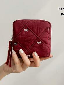 1 pieza Nueva bolsa de maquillaje acolchada con lazo / Neceser de viaje / Estuche para lápiz labial / Organizador multifuncional para toallas sanitarias / Bolsa de almacenamiento como regalo de San Valentín - Multicolor - Ver 4