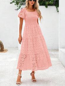 Summer Dresses For Women  Eyelet Square Neck Puff Sleeve Smocked Wedding Guest Maxi Dress With Pockets - 粉色 - 查看 5