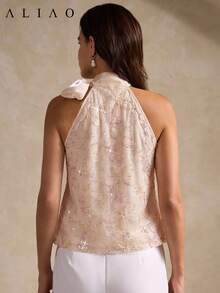 Aliao 优雅 3D 彩色花卉网纱亮片刺绣蝴蝶结无袖上衣，适合办公室、度假、约会、婚礼季、女士夏季服装、情人节休闲装 - 彩色 - 查看 6