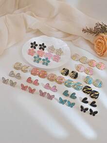 6 Pairs Colorful Assorted Earrings Set For Women, Stainless Steel Oval Drop Earrings, Colorful Geometric Earrings, Floral Stud Earrings, Gold Geometric Earrings, Heart Earrings, Butterfly Earrings, Fashionable Vintage. Versatile And Artistic Women, Ear Jewelry, Stainless Steel Women's Jewelry, Holiday Accessories, Mother's Day/Easter Gift, Casual/Wedding Party Chunky Personalized Jewelry - Multicolor - View 8