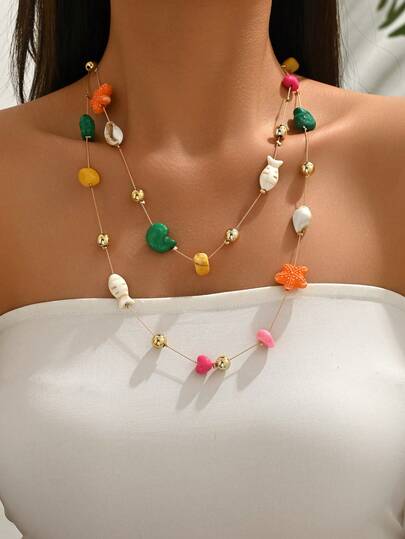 1pc Bohemian Beaded Star & Conch Shell Necklace For Women (Random Color)