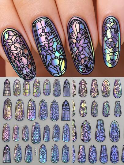 1 Sheet 5D Glass Fragment Nail Sticker Self Adhesive Stained Glass Window Grille Design Nail Art Decals Holographic Elegant Geometric Flower Frame Sliders Sticker For Women Girls Home & Salon DIY