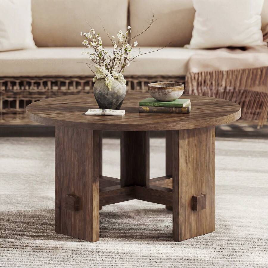 LITTLE TREE Modern Round Coffee Table, 31.5-Inch Circle Wood Center Table, Farmhouse Small Living Room Table For Small Space, Easy Assembly, Brown - màu nâu - Xem 1