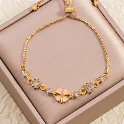 1pc Four-Leaf Clover Inlaid Crystal Sunflower Chain Bracelet, Fashion Pull Chain Bracelet For Teenagers, Mother's Day/Friend's Gift
