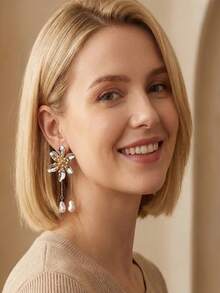 2只装时尚金属3D花朵耳环，配仿巴洛克珍珠吊坠，适合女性日常佩戴和节日礼物 - 立體花 - 查看 6