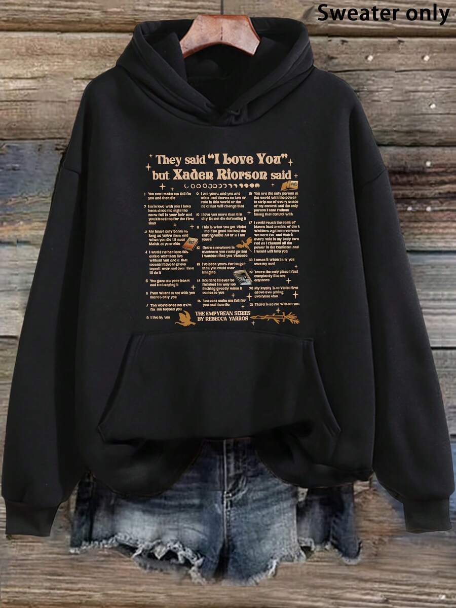 Plus Size Women's Winter Casual Sports Hoodie, Women's Hoodie With Title They Say I Love You, But Zedon Reeson Says Printed On It| Rebecca Yarros Fan Edition Hoodie With Pockets, Casual Style, Hooded, Long-Sleeved, Suitable Autumn And Winter Seasons - Religious Faith Inspired Apparel - Black - View 1