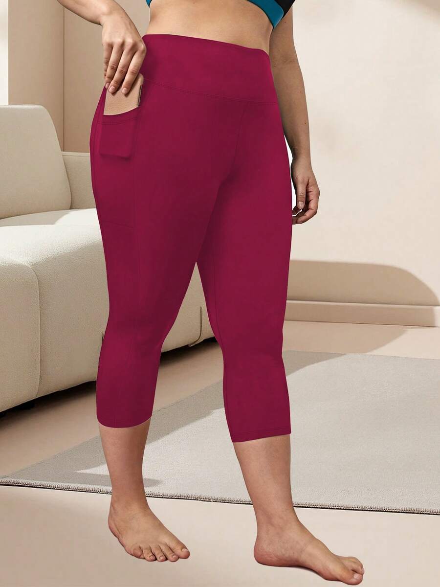 加大码七分紧身裤，带口袋，高腰七分裤，瑜伽裤，适合跑步、运动、健身等场合。