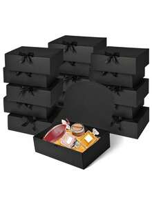 黑色带盖礼盒，奢华黑色缎带礼盒，黑色新娘伴娘求婚礼盒，适合婚礼、生日、新娘派对及伴娘礼物、毕业季 - 黑色 - 查看 8