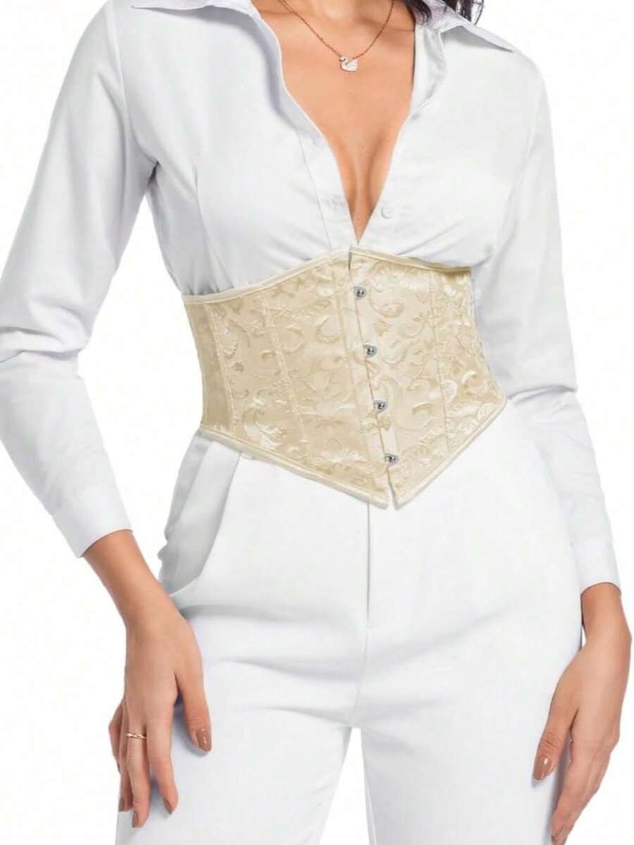 1pc Women's Short Jacquard Waist Cincher, Waist Trainer For Slimming, Suitable For Party & Daily Wear - Apricot - View 1