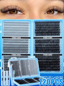 Bộ 720 sợi mi giả tự làm chất lượng cao, độ dày 8-16mm, độ cong 10D-150D, mi tự nhiên D-Curl, siêu dày và mềm mại, dạng sách hướng dẫn sử dụng mi, phù hợp cho sử dụng hàng ngày và người mới bắt đầu, nhiều kiểu dáng để phối hợp tự do, bộ mi giả dạng chùm. - Màu xanh lam - Xem 4