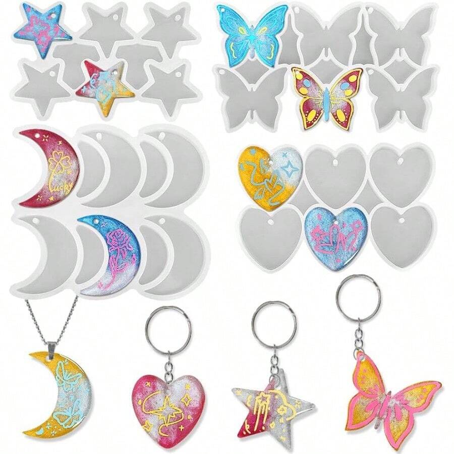 24-Cavity Butterfly Heart Star Moon Pendant Keychain Silicone Molds, Jewelry Resin Casting Mold With Hole - Default - View 1