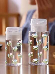 Tulip Pattern Refillable PET Portable Travel Bottle, Makeup Remover Decanting Bottle, With 3.38oz/6.76oz Portable Pump Head, Suitable For Nail Polish Remover, Toner And Makeup Remover, Dome Design, Hand Wash, Reusable, Makeup Remover Bottle - Multicolor - View 4