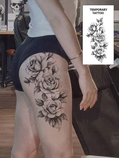 1 Stück modischer, cooler temporärer Tattoo-Aufkleber, Paar-Tattoo, schwarzes Fake-Tattoo, Einmal-Tattoo, Rose, Blumen, Ketten-Design, wasserfest, nicht reflektierend, leicht anzubringen und zu entfernen, sehr realistisch, geeignet für Männer oder Frauen an Bein, Fuß, Brust, Oberschenkel, Arm, Taille, Bauch, Musik-Festival Party-Zubehör
