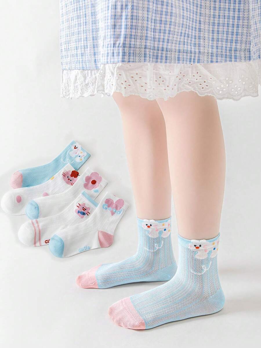 儿童网眼透气棉袜，春夏薄款，中筒长度，高弹力，不勒腿，可爱设计 - 彩色 - 查看 1