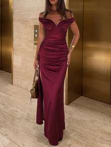 Summer Dress, Burgundy Off-Shoulder Fitted Elegant Women's Dress, High Slit To Thigh Sexy Formal Evening Gown Wedding Party - Burgundy - View 6