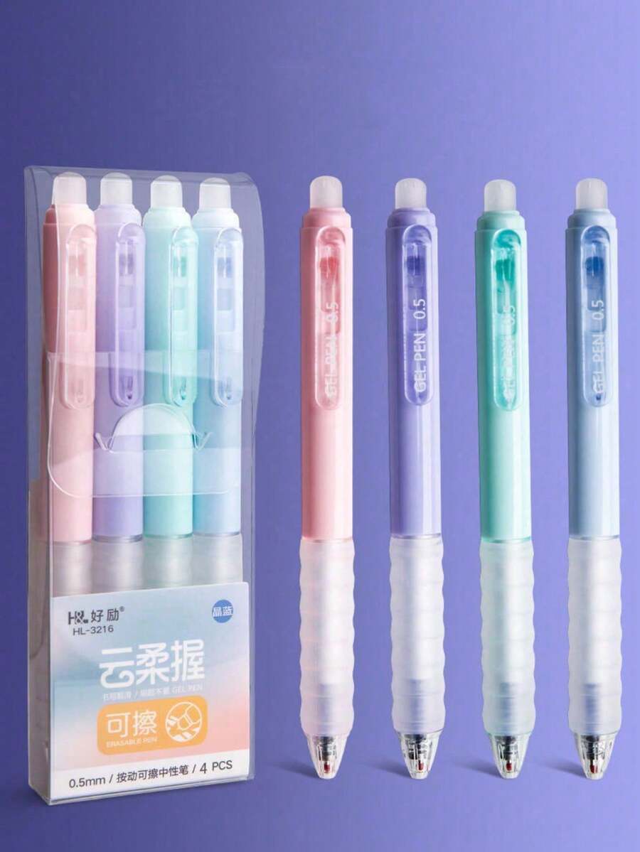 4pcs Lavender Erasable Pens, Blue Erasable Gel Ink Pens, 0.5mm Fine Tip, Refillable Erasable Gel Ink, Ballpoint Pens With Eraser Tip, Suitable For Stationery - One Size - View 1