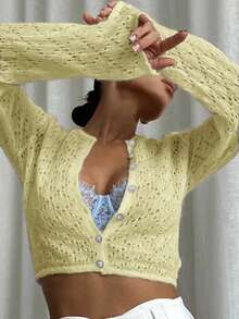 Áo khoác cardigan dài tay nữ màu trơn, cài một hàng cúc, kiểu dáng thường ngày đa năng, phù hợp cho mùa hè, mùa thu, kỳ nghỉ, đi biển, dự tiệc, mùa xuân. - Màu vàng ngỗng - Xem 6