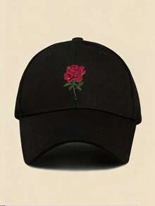 Black Baseball Cap With Red Rose Print Fashion Casual Sun Hat - A - View 1