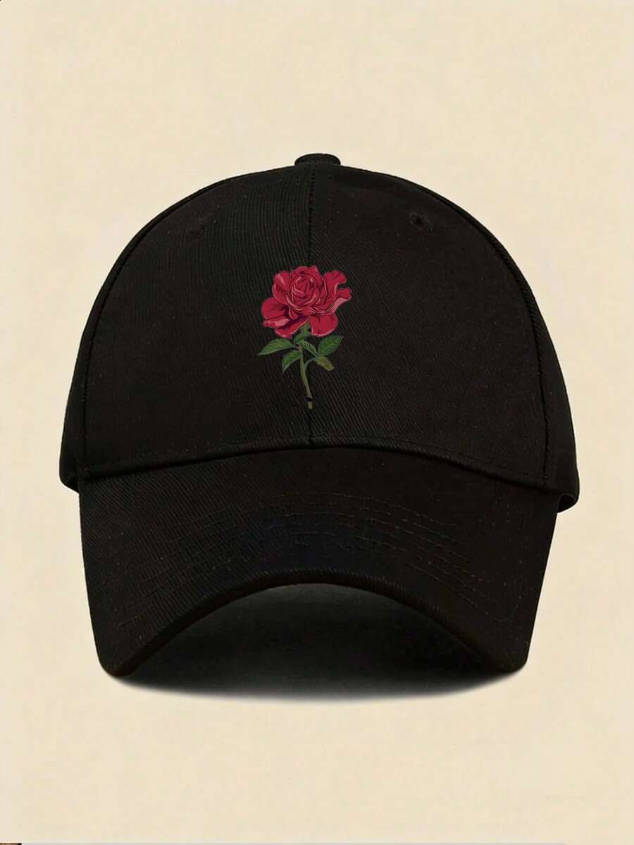 Black Baseball Cap With Red Rose Print Fashion Casual Sun Hat - A - View 1