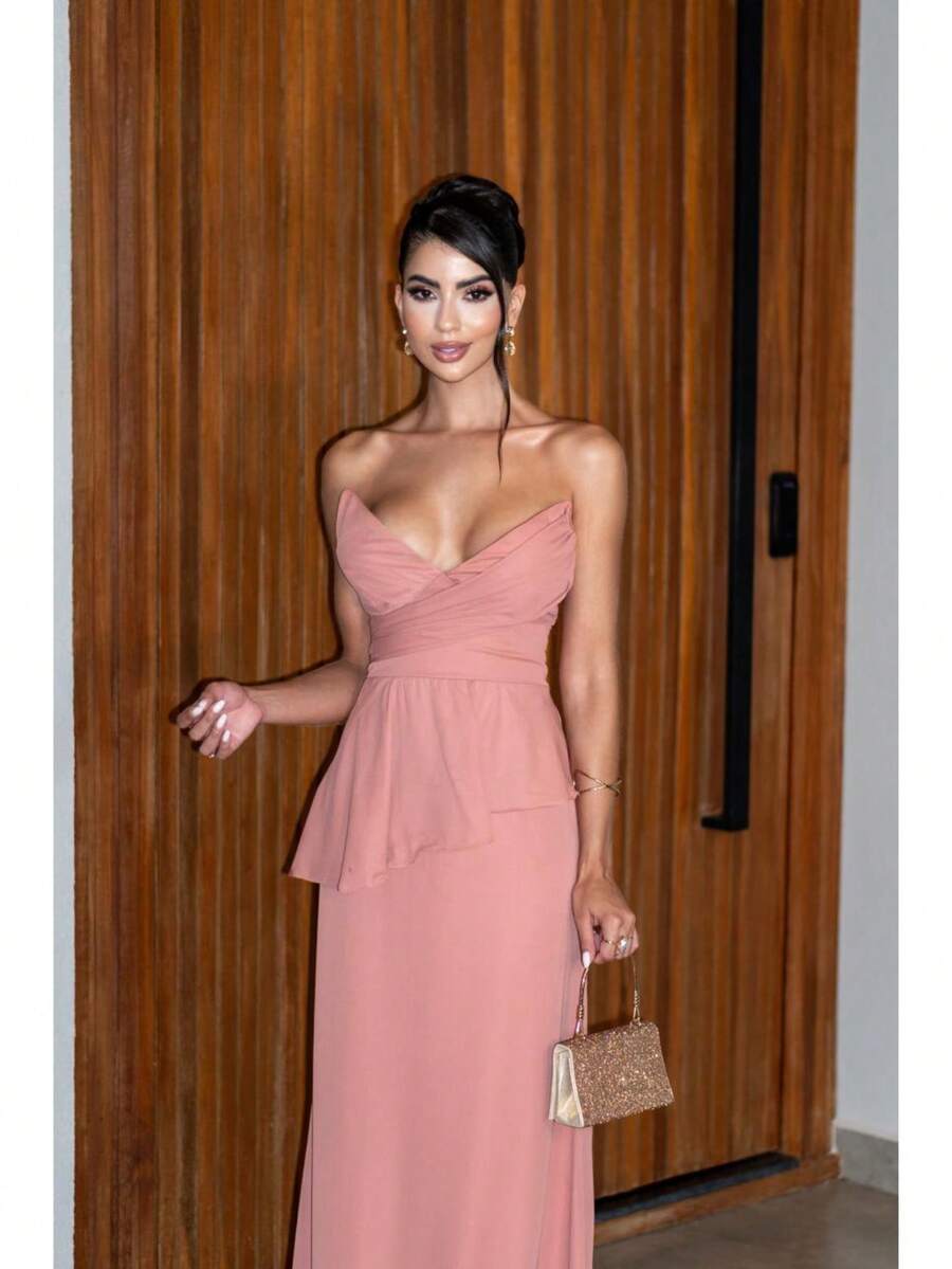 Luxury Strapless Dress In Structured Crepe - Perfect For Bridesmaids And Gala Events - Rose - View 1