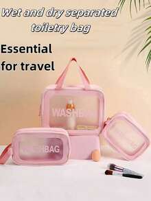 PU皮革化妆包，大容量防水便携旅行洗漱包，磨砂透明化妆品收纳包 - 粉色 - 查看 8