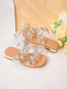 Girls' Clear Strap Rhinestone & Pearl Embellished Slide Sandals, Luxe Open Toe Party Shoes For Kids - Clear - View 2