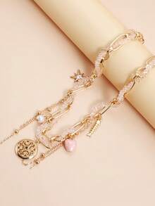 Retro Geometric Heart-Shaped Fishbone Pattern Hollowed-Out Crystal Necklace & Earrings Accessory - Multicolor - View 3